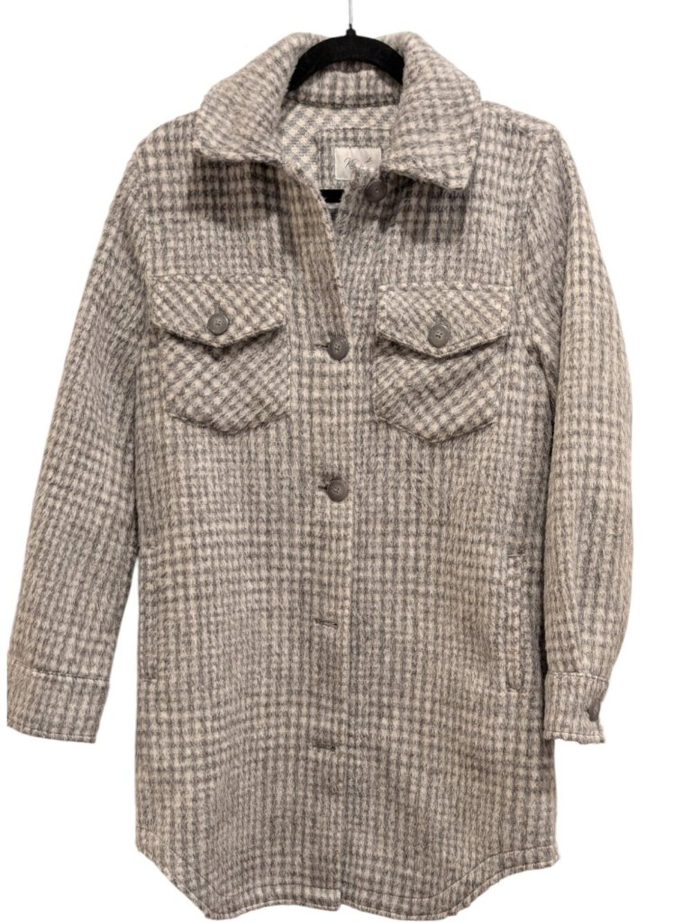 Kismet Houndstooth Cozy Gray White Plaid Longline Shacket | XS